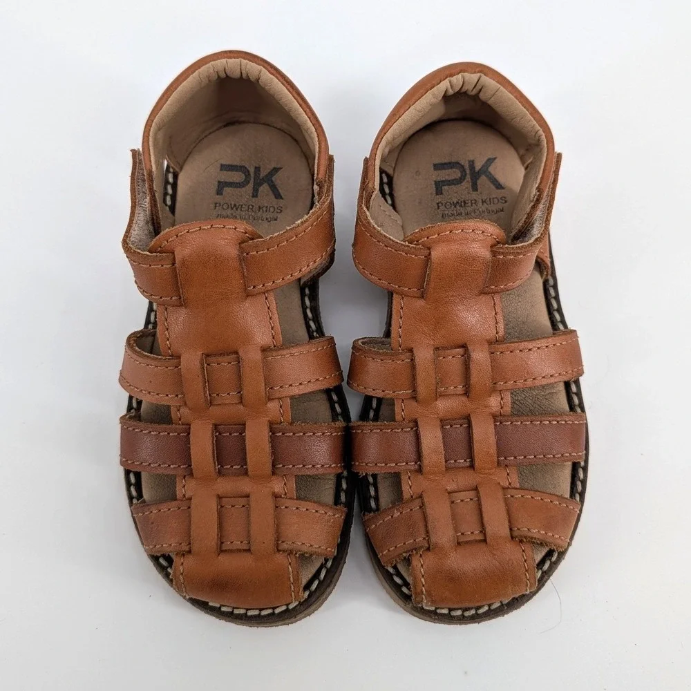 PK Power Kids Leather Fisherman Sandals Tan Woven Cage‎ Shoes Size 8.5-9.5